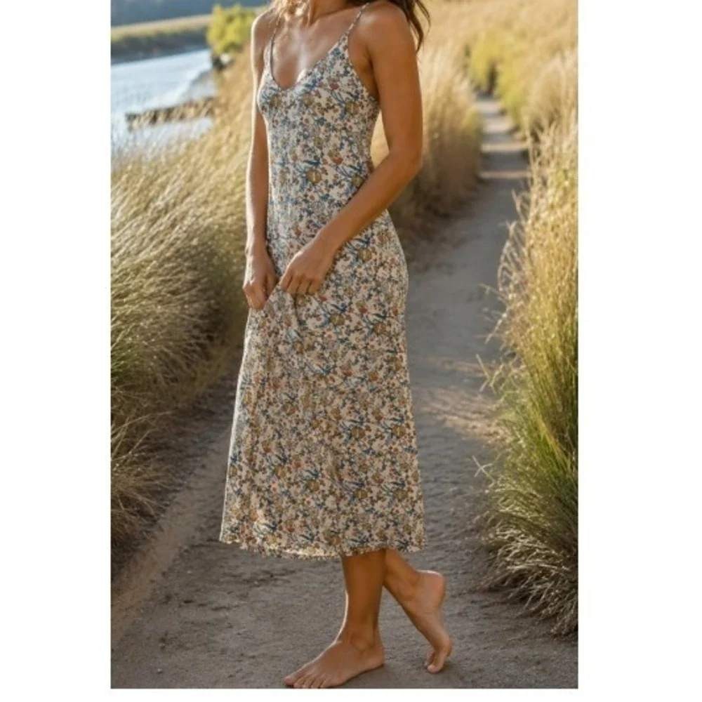 Natural Life Amy Floral Midi Slip Dress Lrg Cream Boho Cottagecore Flowy Earthy